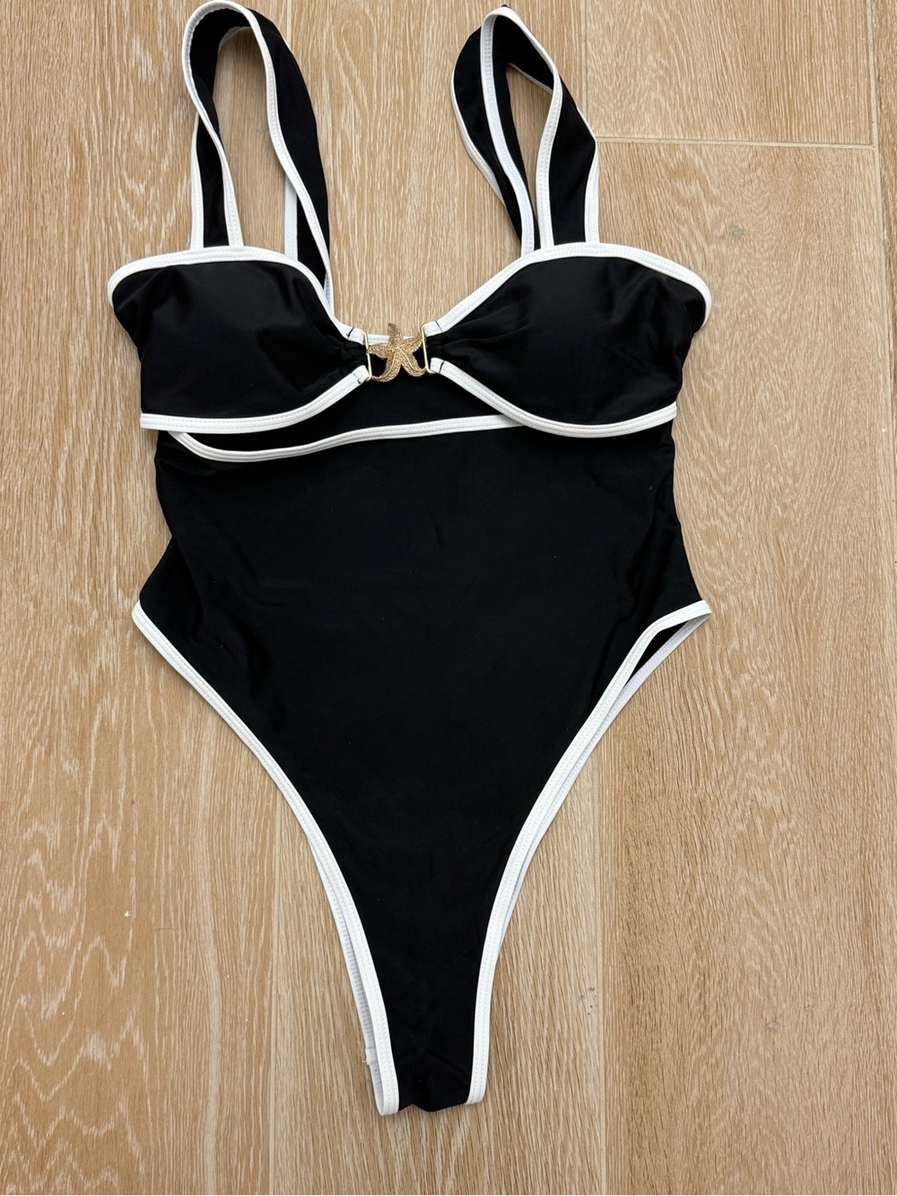 SHEIN Black One-Piece Swimsuit with White Trim and Gold Clasp
